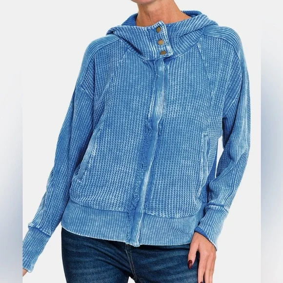 NWT Zenana Ocean Blue Acid Wash Zip Up Waffle Knit Hooded Jacket - Picture 2 of 4